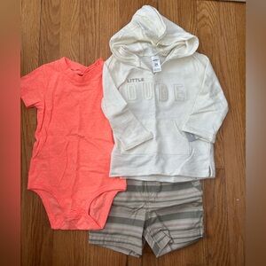 Cater’s Baby Boys “Little Dude”Hoodie Short Set with Coral Onesie Size 24 Months
